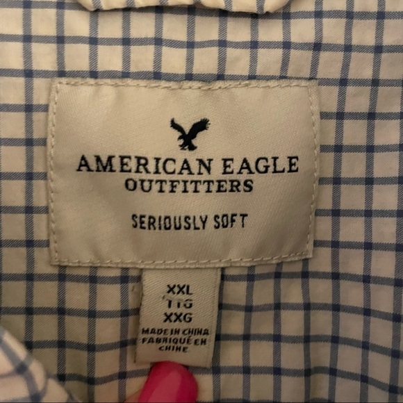 American Eagle Seriously Soft White Blue Plaid Short Sleeve Button Up Men's XXL‎ - Picture 5 of 8